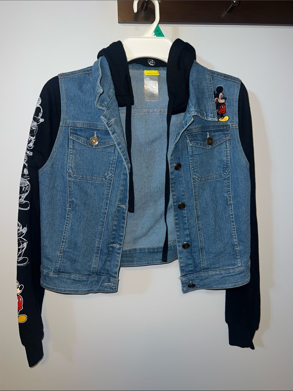 Disney Mickey Mouse Girls' Denim Jacket with Black Sleeves and Ears on Hood